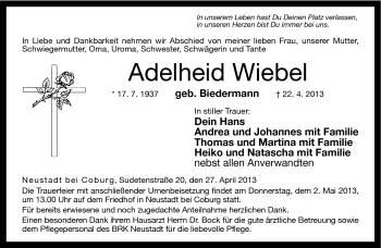 Traueranzeige von Adelheid Wiebel von Neue Presse Coburg