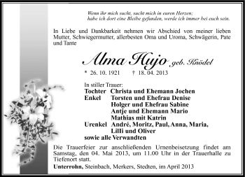 Traueranzeige von Alma Hujo von Südthüringer Presse