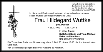 Traueranzeige von Hildegard Wuttke von Frankenpost