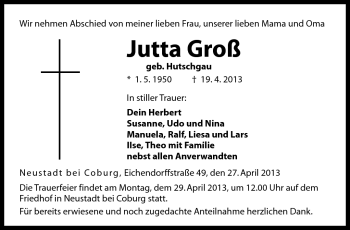 Traueranzeige von Jutta Groß von Neue Presse Coburg