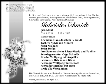Traueranzeige von Gabriele Schmidt von Südthüringer Presse