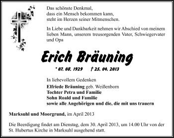 Traueranzeige von Erich Bräuning von Südthüringer Presse