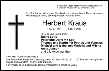 Traueranzeige von Herbert Kraus von Neue Presse Coburg