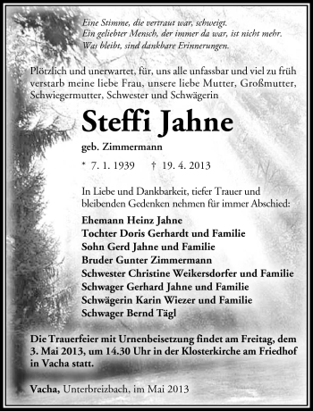 Traueranzeige von Steffi Jahn von Südthüringer Presse