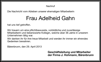 Traueranzeige von Adelheid Gahn von Frankenpost