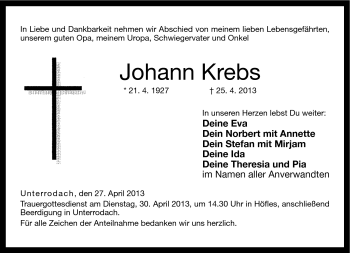 Traueranzeige von Johann Krebs von Neue Presse Coburg