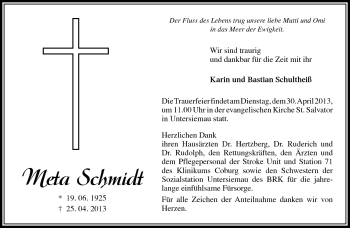 Traueranzeige von Meta Schmidt von Neue Presse Coburg