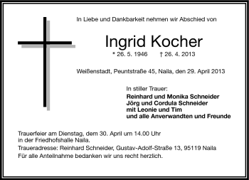 Traueranzeige von Ingrid Kocher von Frankenpost
