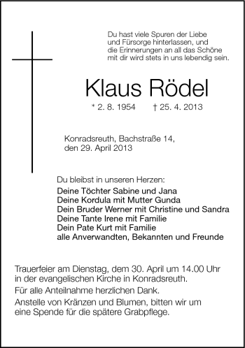 Traueranzeige von Klaus Rödel von Frankenpost
