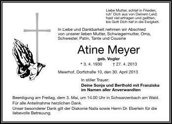 Traueranzeige von Atine Meyer von Frankenpost