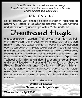 Traueranzeige von Irmtraud Hugk von Südthüringer Presse