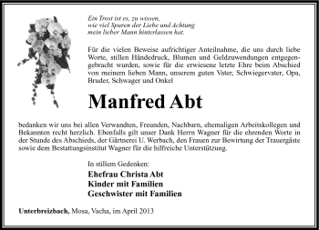 Traueranzeige von Manfred Abt von Südthüringer Presse