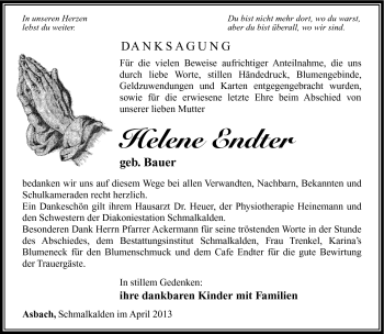 Traueranzeige von Helene Endter von Südthüringer Presse