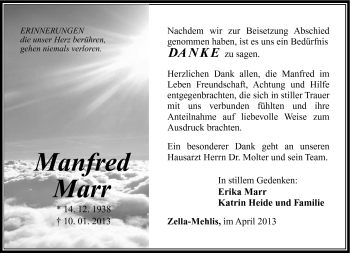Traueranzeige von Manfred Marr von Südthüringer Presse