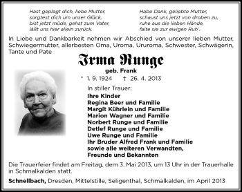 Traueranzeige von Irma Runge von Südthüringer Presse