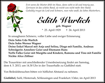 Traueranzeige von Edith Warlich von Südthüringer Presse