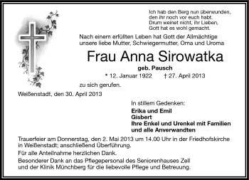 Traueranzeige von Anna Sirowatka von Frankenpost