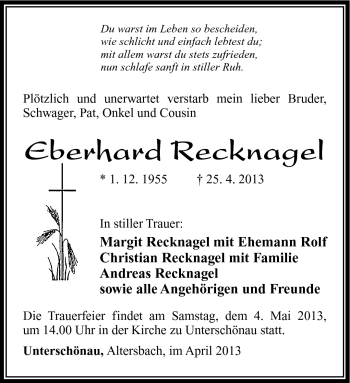 Traueranzeige von Eberhard Recknagel von Südthüringer Presse