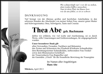 Traueranzeige von Thea Abe von Südthüringer Presse