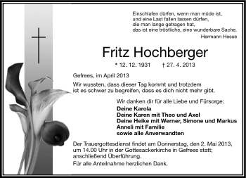 Traueranzeige von Fritz Hochberger von Frankenpost