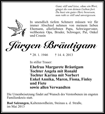 Traueranzeige von Jürgen Bräutigam von Südthüringer Presse