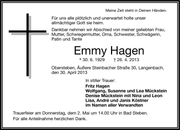 Traueranzeige von Emmy Hagen von Frankenpost