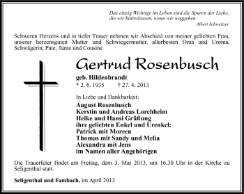 Traueranzeige von Gertrud Rosenbusch von Südthüringer Presse