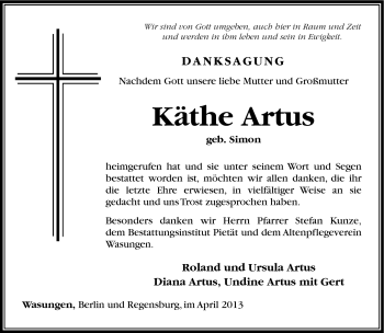 Traueranzeige von Käthe Artus von Südthüringer Presse