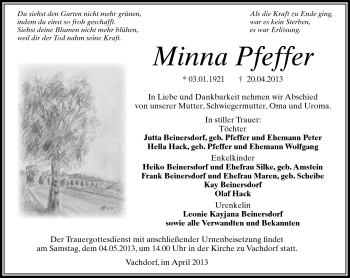 Traueranzeige von Minna Pfeffer von Südthüringer Presse