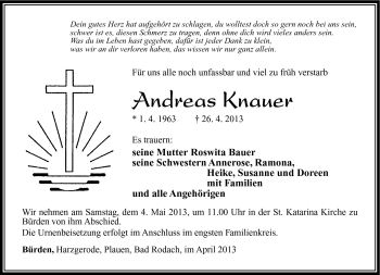 Traueranzeige von Andreas Knauer von Südthüringer Presse