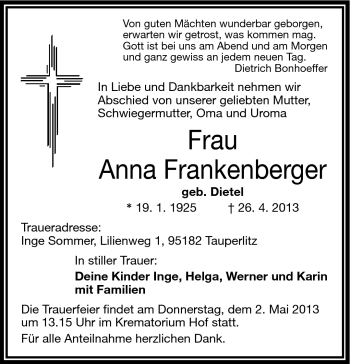 Traueranzeige von Anna Frankenberger von Frankenpost