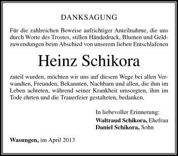 Traueranzeige von Heinz Schikora von Südthüringer Presse