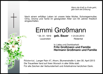 Traueranzeige von Emmi Großmann von Neue Presse Coburg