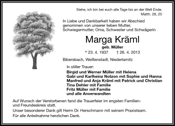 Traueranzeige von Marga Kräml von Frankenpost