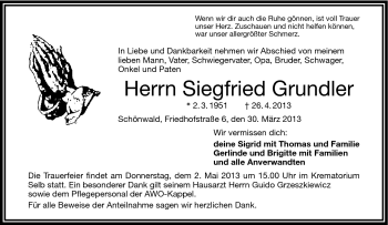 Traueranzeige von Siegfreid Grundler von Frankenpost
