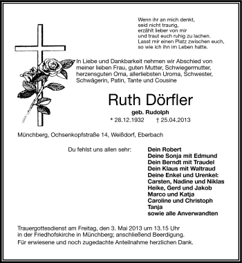 Traueranzeige von Ruth Dörfler von Frankenpost