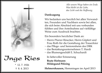 Traueranzeige von Inge Ries von Südthüringer Presse