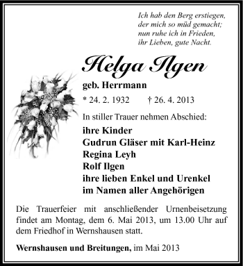 Traueranzeige von Helga Ilgen von Südthüringer Presse