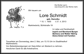Traueranzeige von Lore Schmidt von Frankenpost