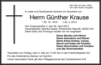 Traueranzeige von Günther Krause von Frankenpost