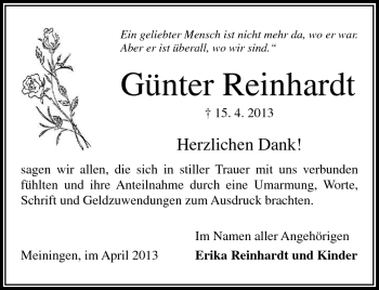 Traueranzeige von Günter Reinhardt von Südthüringer Presse