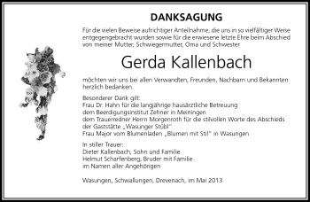 Traueranzeige von Gerda Kallenbach von Südthüringer Presse