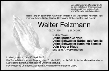 Traueranzeige von Walter Felzmann von Neue Presse Coburg