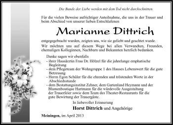 Traueranzeige von Marianne Dittrich von Südthüringer Presse