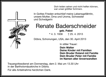 Traueranzeige von Renate Baderschneider von Frankenpost