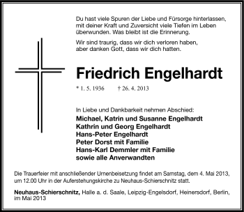 Traueranzeige von Friedrich Engelhardt von Südthüringer Presse