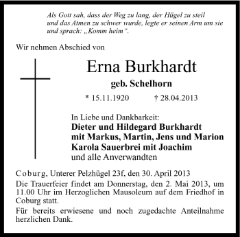 Traueranzeige von Erna Burkhardt von Neue Presse Coburg