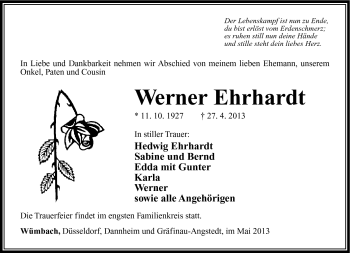 Traueranzeige von Werner Ehrhardt von Südthüringer Presse