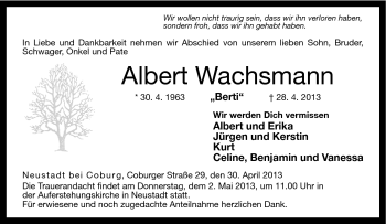 Traueranzeige von Albert Wachsmann von Neue Presse Coburg