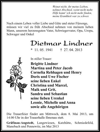 Traueranzeige von Dietmar Lindner von Südthüringer Presse